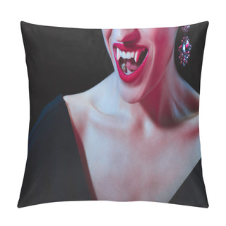 Personality  Cropped View Of Vampire Showing Her Teeth Isolated On Black Pillow Covers