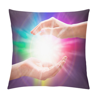 Personality  Close-up Of A Woman's Hand Holding Light Against Colorful Background Pillow Covers