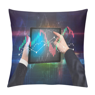 Personality  Hand Holding Tablet With Global Reports And Stock Market Change Concept Pillow Covers