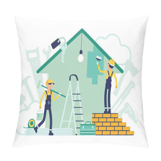 Personality Builders Doing Repair Of Apartment, Workers Busy Painting House Walls Pillow Covers