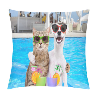Personality  Dog Jack Russell Terrier And Cat In Sunglasses, Hugging Each Other, Holding Cocktails In Paws On The Pool Background Pillow Covers