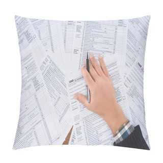 Personality  Cropped View Of Man Holding Pen And Filling Tax Forms With Copy Space Pillow Covers