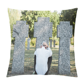 Personality  Back View Of Man With Grey Hair Sitting Near Tombstones  Pillow Covers