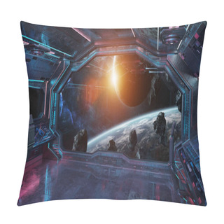 Personality  Grunge Spaceship Blue And Pink Interior With View On Distant Planets System 3D Rendering Elements Of This Image Furnished By NASA Pillow Covers