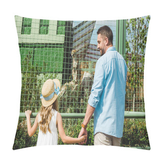 Personality  Cheerful Father Looking At Daughter While Holding Hands Near Cage In Zoo  Pillow Covers