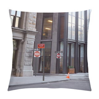 Personality  Contemporary Buildings And Different Road Signs On Avenue In New York City, Metropolis Streetscape Pillow Covers