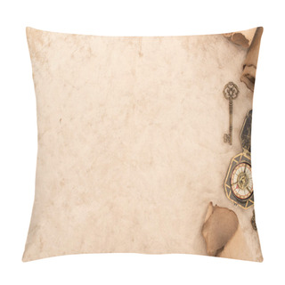 Personality  Top View Of Vintage Keys And Compass On Aged Paper Pillow Covers