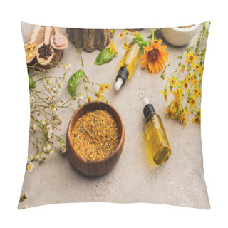Personality  Wildflowers, Herbs, Bottles And Pills On Concrete Background, Naturopathy Concept Pillow Covers
