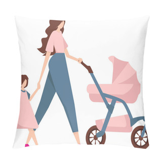 Personality  A Woman On A Walk With Children. A Young Mother Is Driving A Pink Stroller And Holding Her Little Daughter By The Hand. Vector Illustration On A White Background. Pillow Covers