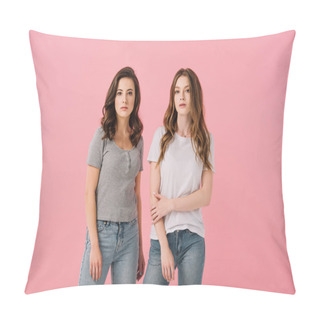 Personality  Attractive Women In T-shirts Looking At Camera Isolated On Pink Pillow Covers
