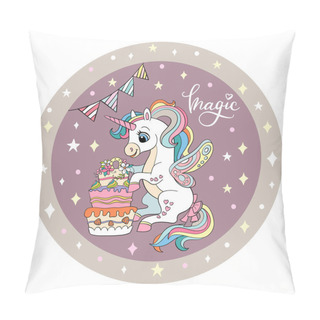 Personality  Cute White Unicorn Is Sitting Next To A Large Cake. Vector Illustration Circle Shape. Birthday Concept. For Party, Print, Baby Shower, Design, Decor, Dishes, Bed Linen And Kids Apparel Pillow Covers