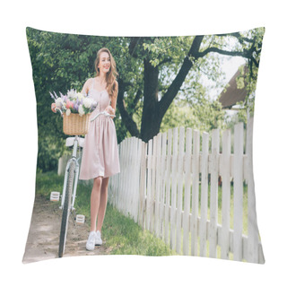 Personality  Beautiful Smiling Woman In Dress With Retro Bicycle With Wicker Basket Full Of Flowers At Countryside Pillow Covers
