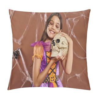 Personality  Delightful Girl In Dress Holding Skull And Smiling On Brown Background, Halloween Spooky Season Pillow Covers