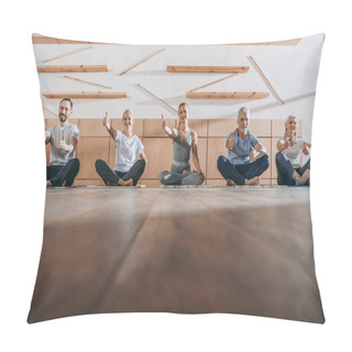 Personality  Group Of Senior People With Thumbs Up In Yoga Studio Pillow Covers