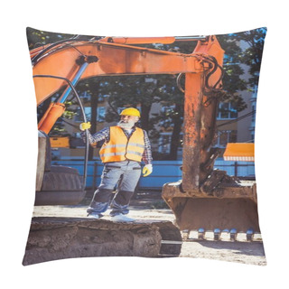 Personality  Construction Worker Posing With Excavator Pillow Covers