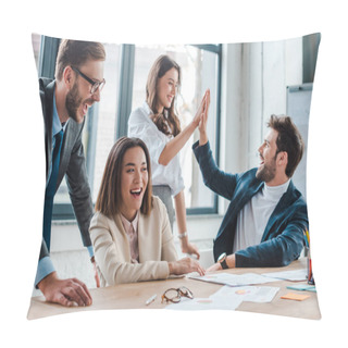 Personality  Selective Focus Of Happy Businessman In Glasses Smiling Near Multicultural Coworkers Giving High Five In Office  Pillow Covers