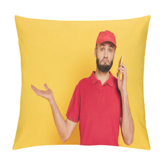 Personality  Confused Bearded Delivery Man In Red Uniform Talking On Smartphone On Yellow Pillow Covers
