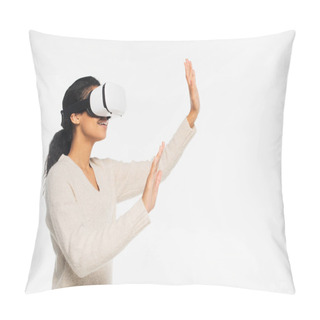 Personality  African American Woman Showing Stop Gesture While Using Vr Headset Isolated On White Pillow Covers