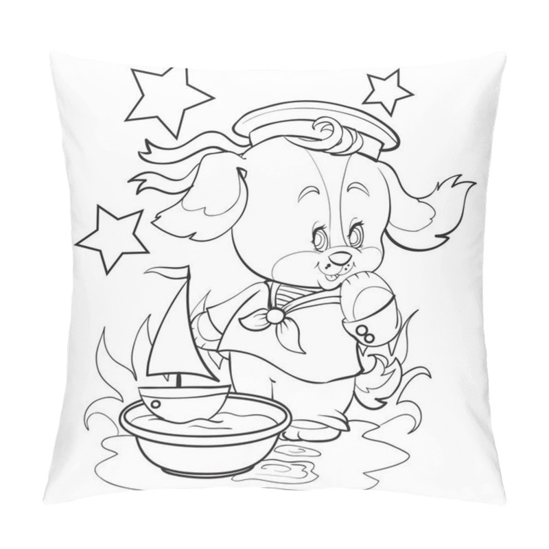 Personality  small dog in a cap with ribbons playing with a toy boat in a basin with water among grass and flowers, outline drawing, pillow covers