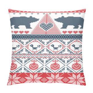 Personality  Scandinavian Style  Christmas  Seamless Pattern In Cross Stitch With Polar Bear, Christmas Tree, Heart, Robin Bird , Bauble, Decorative Ornaments In Red And Blue  Pillow Covers