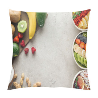 Personality  Top View Of Colorful Smoothie Bowls With Ingredients On Grey Background Pillow Covers