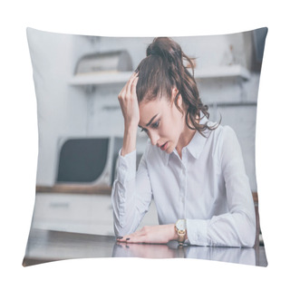 Personality  Upset Woman In White Blouse Sitting At Table And Crying In Kitchen, Grieving Disorder Concept Pillow Covers