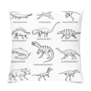 Personality  Dinosaurs Set, Tyrannosaurus Rex, Triceratops, Barosaurus, Diplodocus, Velociraptor, Triceratops, Stegosaurus, Skeletons, Fossils. Prehistoric Reptiles, Animal Hand Drawn Vector. Pillow Covers