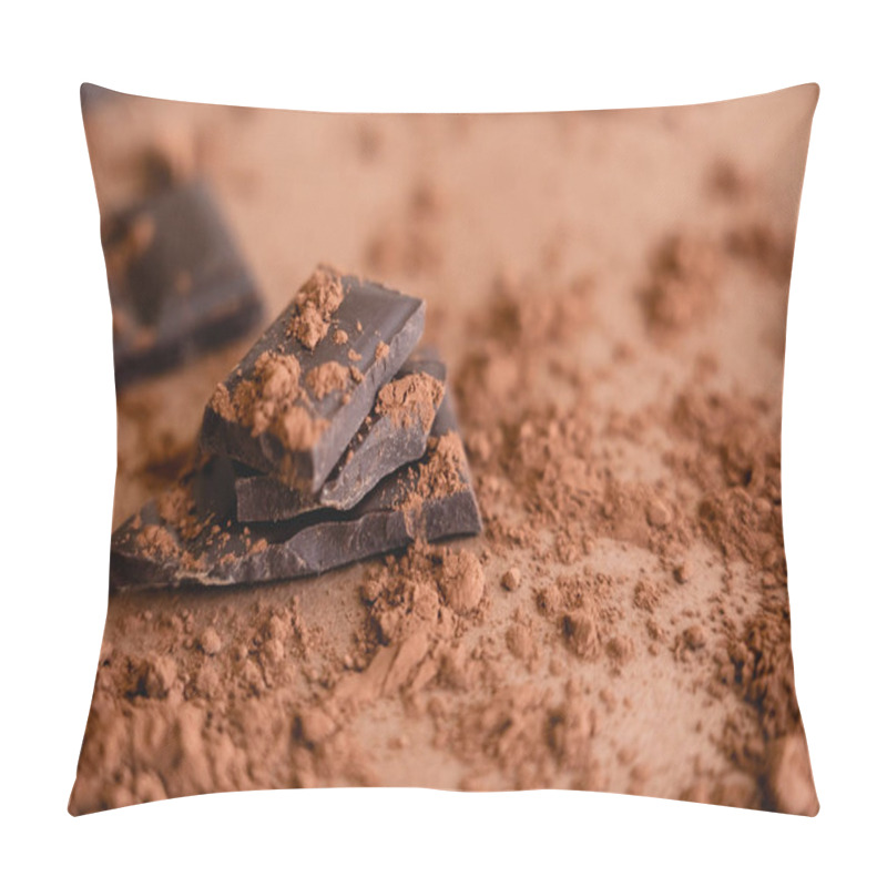 Personality  Close up view of natural cocoa powder and chocolate on blurred brown background  pillow covers