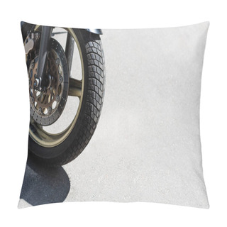 Personality  Front Wheel With Black Tire Of Motorcycle On Street Pillow Covers