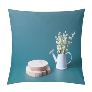 Personality  Wooden Podium Or Pedestal With Lilies Of The Valley Bouquet In A Watering Can On A Turquoise Background. Pillow Covers