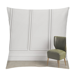 Personality  Armchair In Art Deco Style In Classic Interior With Copy Space.White Walls With Mouldings. Floor Parquet Herringbone.Digital Illustration.3d Rendering Pillow Covers