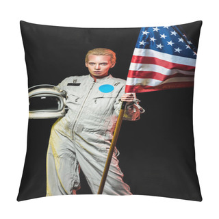 Personality  Beautiful Female Cosmonaut In Spacesuit Holding Helmet And Usa Flag, Isolated On Black Pillow Covers