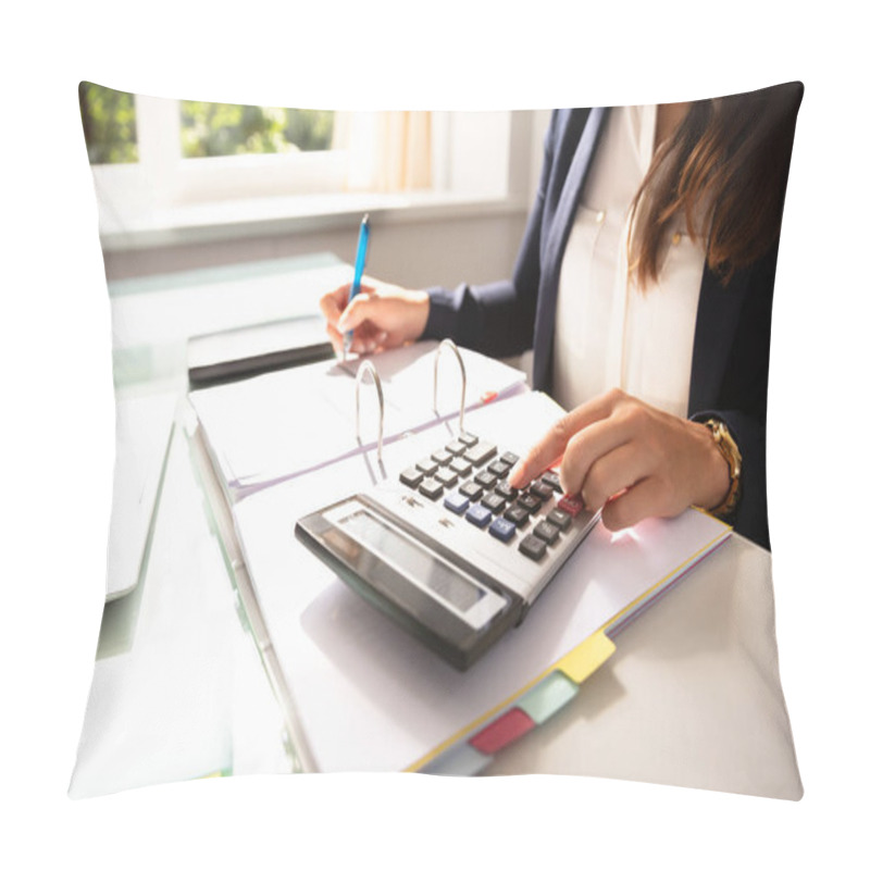 Personality  Businesswoman's Hand Calculating Invoice With Calculator In Office Pillow Covers