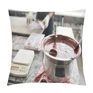Personality  Melted Chocolate In A Bain Marie On A Table In An Artisanal Chocolate Making Factory Being Mixed And Temperature Monitored Pillow Covers