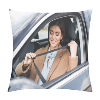 Personality  Stylish Woman In Autumn Outfit Putting On Safety Belt While Sitting In Car On Blurred Foreground Pillow Covers