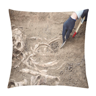 Personality  Archaeological Excavations. The Archaeologist In A Digger Process. Close Up Hands With Knife And Brush Conducting Research On Human Bones, Part Of Skeleton And Skull In The Ground. Outdoors, Copy Space. Pillow Covers