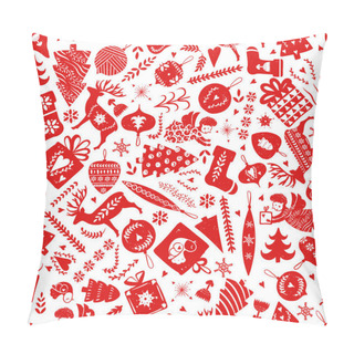 Personality  Simple Seamless Pattern With A Variety Of Elements: Christmas Trees, Snowflakes, Stars, Deer, Socks, Balls, Floral Motifs. For Holiday Celebrations Scandinavian Nordic Style. Christmas, New Year Toys Pillow Covers