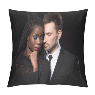 Personality  Close Up Portrait Of Romantic Multi-ethnic Couple On Black Background. Pillow Covers