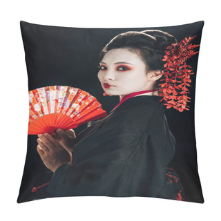 Personality  Geisha In Black Kimono With Red Flowers In Hair Holding Traditional Hand Fan Isolated On Black Pillow Covers