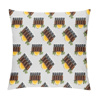 Personality  Pattern With Brown Bottles With Essential Oil And Sliced Orange On Grey Background Pillow Covers