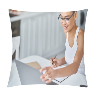 Personality  Happy African American Woman In Glasses Working From Home Remotely On Her Laptop, Taking Notes Pillow Covers