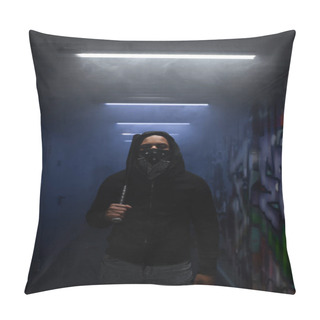 Personality  African American Hooligan In Mask Holding Baseball Bat And Looking At Camera Near Lighting And Graffiti  Pillow Covers
