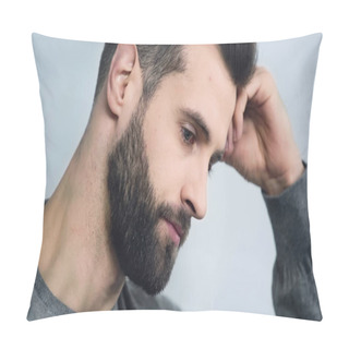 Personality  Pensive And Sad Man Touching Forehead With Hand Pillow Covers
