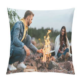 Personality  Selective Focus Of Man Sitting Near Burning Bonfire And Girl   Pillow Covers