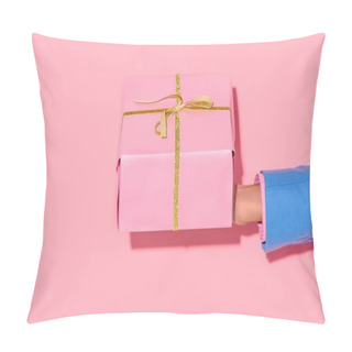 Personality  Partial View Of African American Man Holding Wrapped Gift On Pink Wall Background Pillow Covers