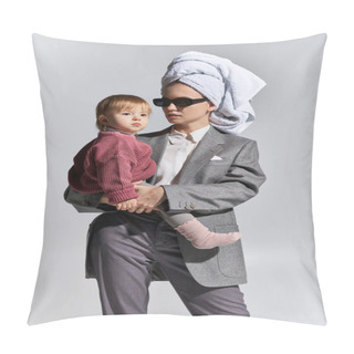 Personality  Woman In Sunglasses Holding In Arms Toddler Daughter And Standing With Towel On Head, Multitasking, Balancing Between Work And Life, Empowered Woman In Formal Wear On Grey Background  Pillow Covers