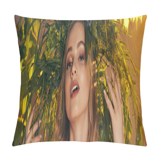 Personality  A Young Mavka In Traditional Attire Stands Under A Tree With Hands On Head In A Fairy And Fantasy-inspired Studio. Pillow Covers