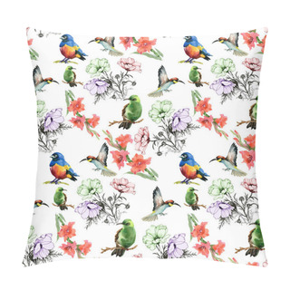 Personality  Watercolor Flowers And Colored Birds Pillow Covers