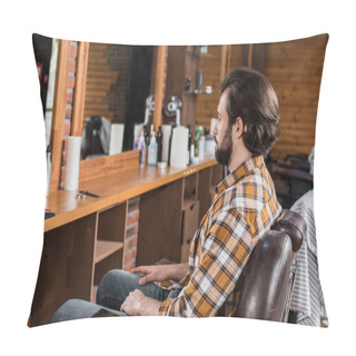 Personality  Handsome Bearded Man In Plaid Shirt Sitting On Chair At Barbershop Pillow Covers