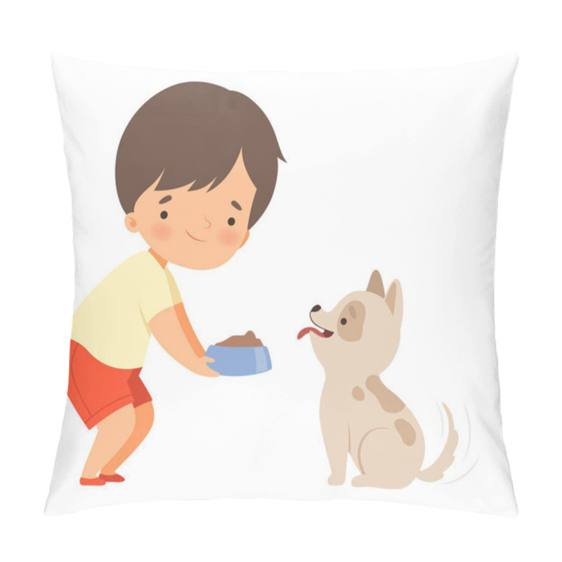 Personality  Little Boy Carrying Bowl To Feed His Puppy Vector Illustration Pillow Covers